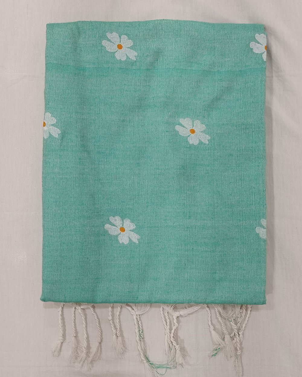 Aqua Blue Khadi Saree With Handpainted White Flowers
