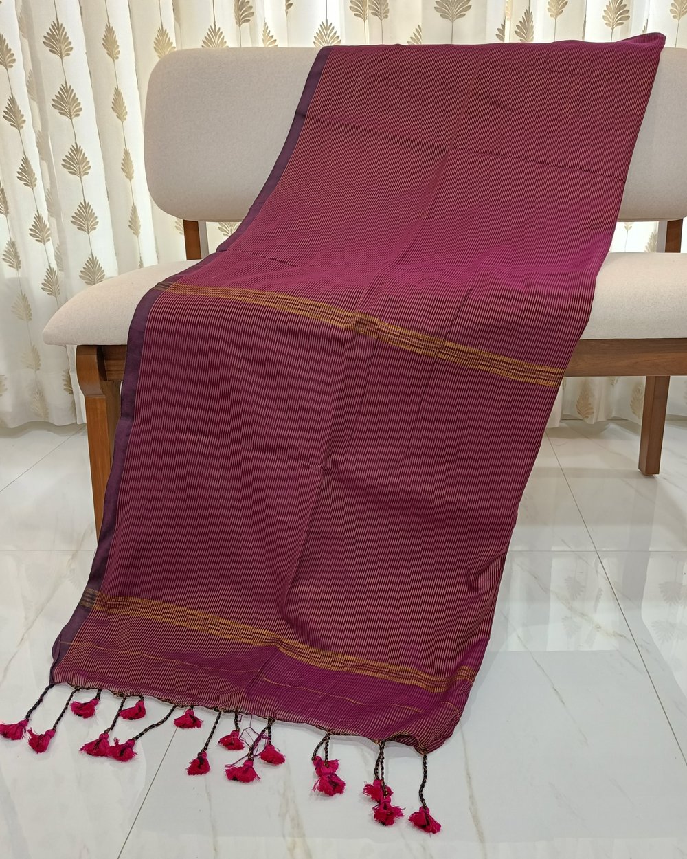 Purplish Pink Khadi Saree With Fine Golden Vertical Stripes 
