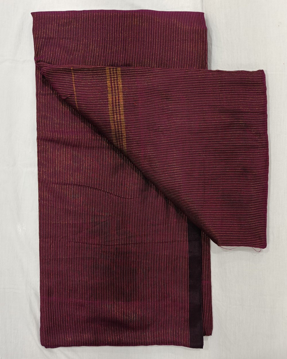 Purplish Pink Khadi Saree With Fine Golden Vertical Stripes 