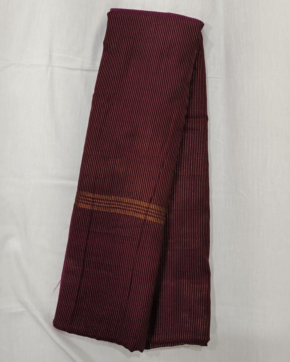 Purplish Pink Khadi Saree With Fine Golden Vertical Stripes 