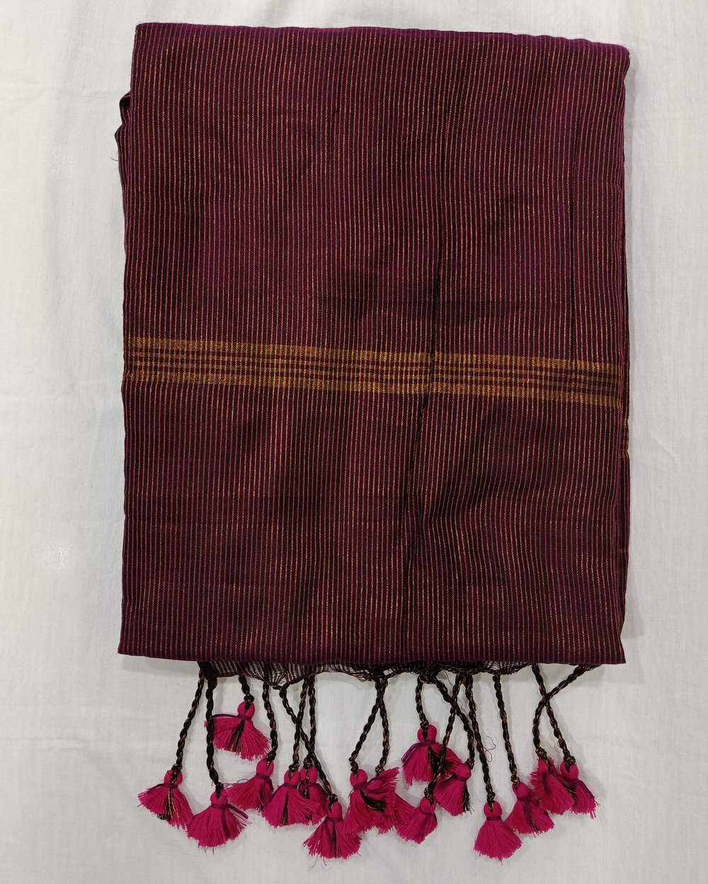 Purplish Pink Khadi Saree With Fine Golden Vertical Stripes 