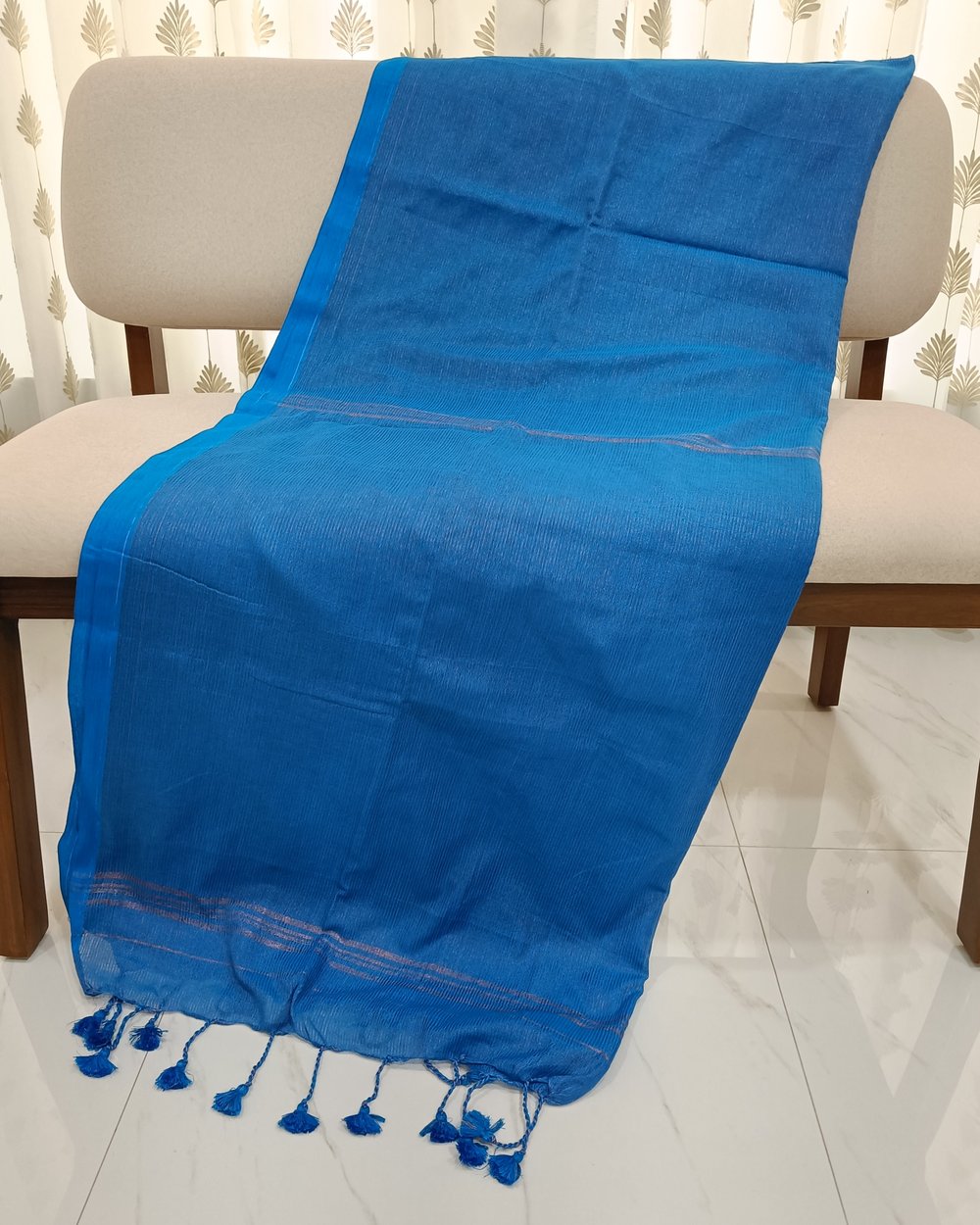 Blue Khadi Saree With Fine Golden Vertical Stripes 