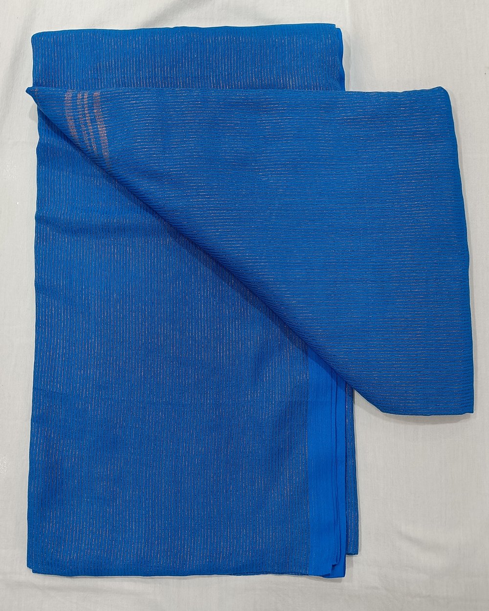 Blue Khadi Saree With Fine Golden Vertical Stripes 
