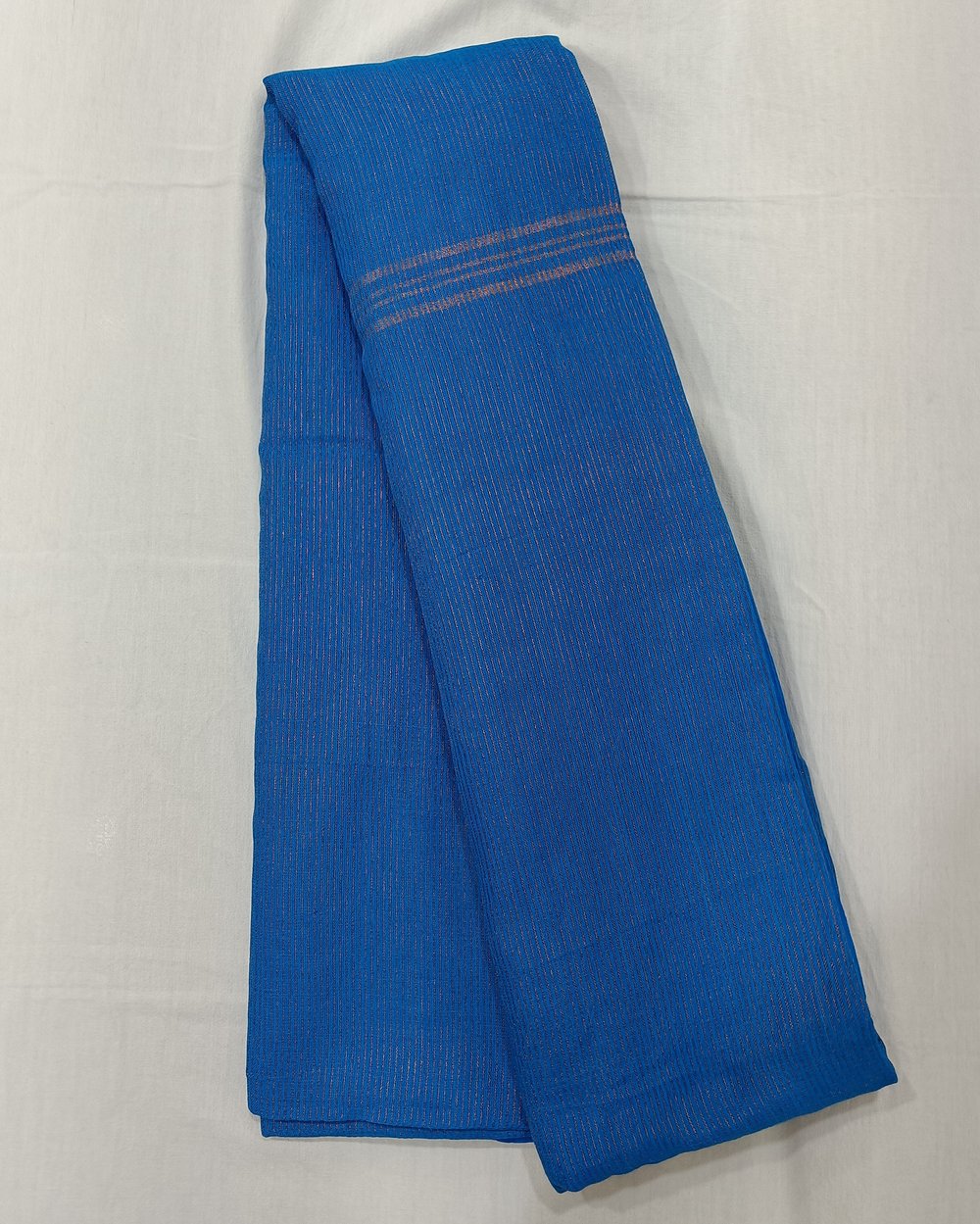 Blue Khadi Saree With Fine Golden Vertical Stripes 