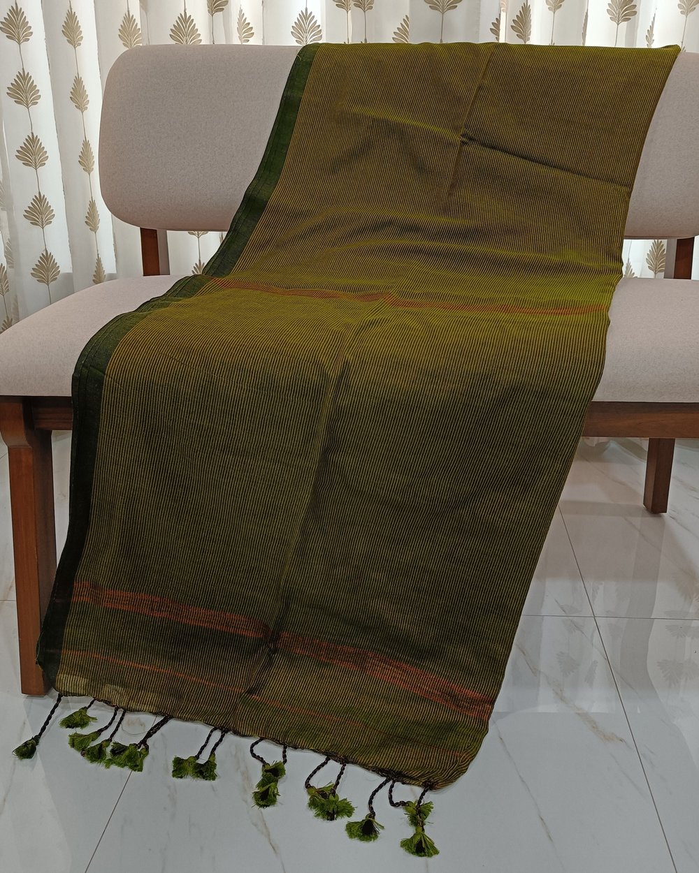Green Khadi Saree With Fine Golden Vertical Stripes 