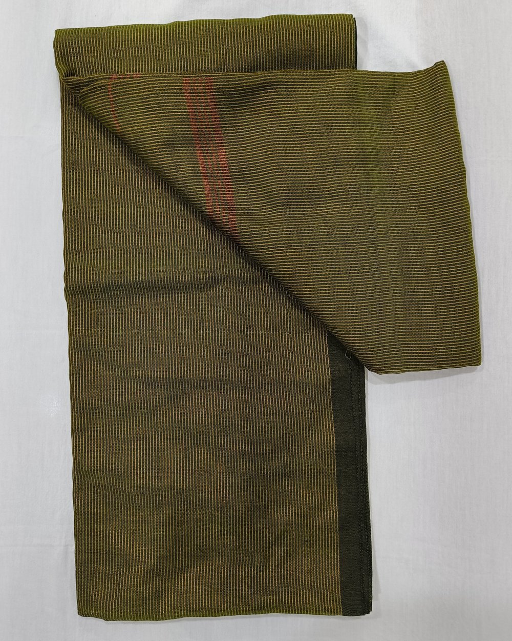 Green Khadi Saree With Fine Golden Vertical Stripes 