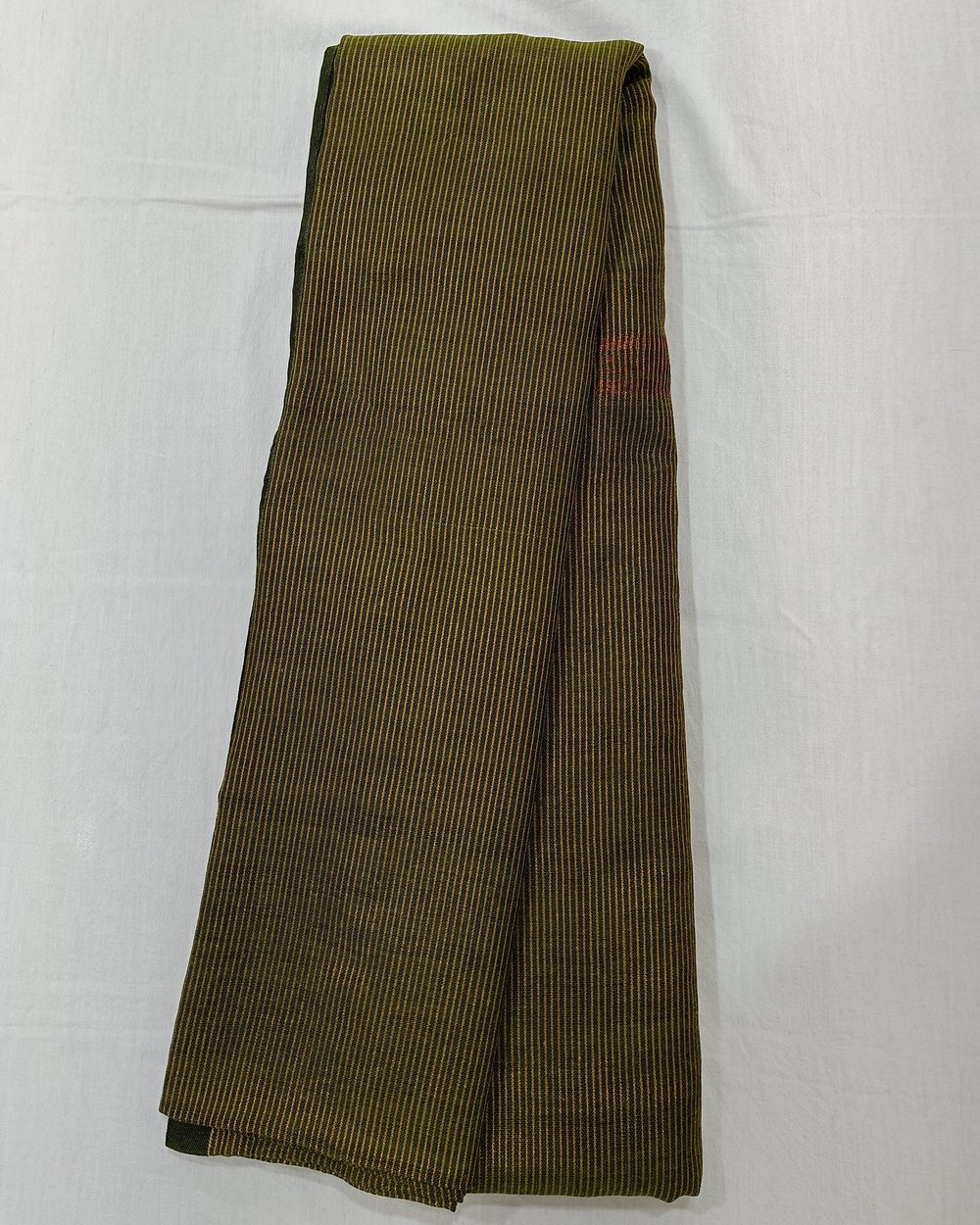 Green Khadi Saree With Fine Golden Vertical Stripes 