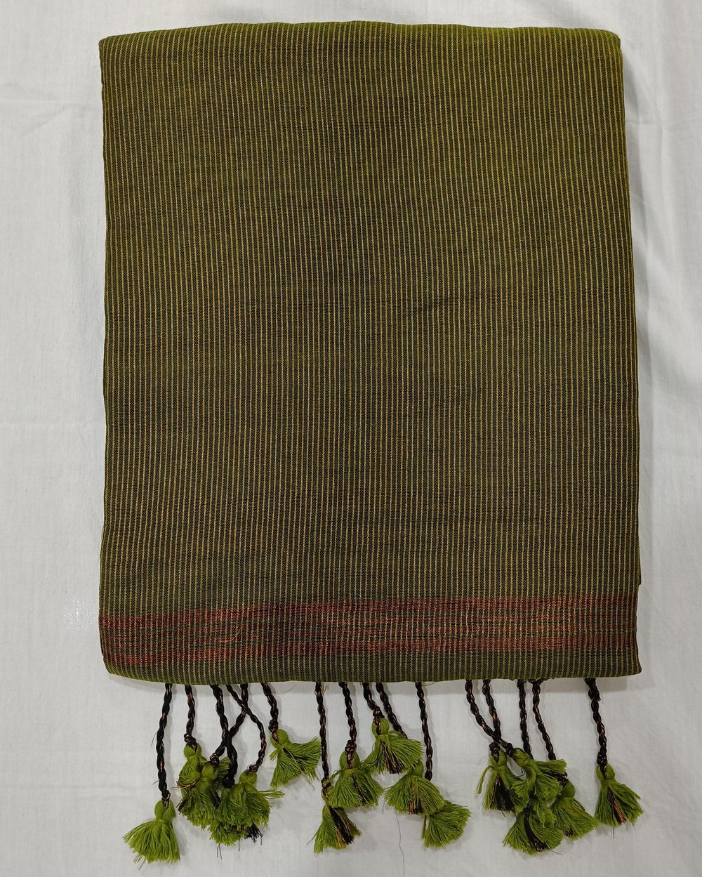 Green Khadi Saree With Fine Golden Vertical Stripes 
