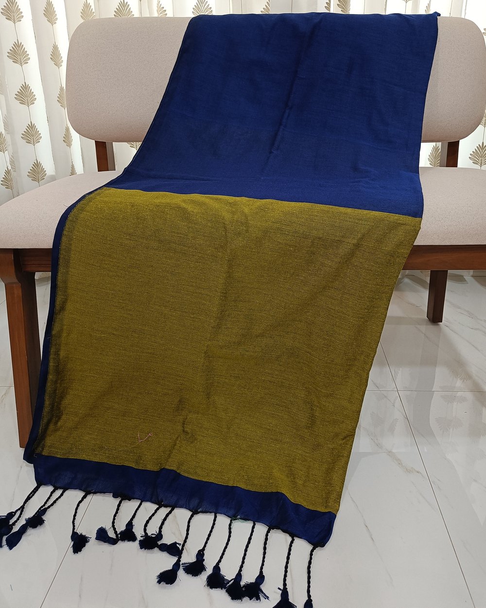 Blue Plain Khadi Saree With Contrasting Plain Mustard Pallu