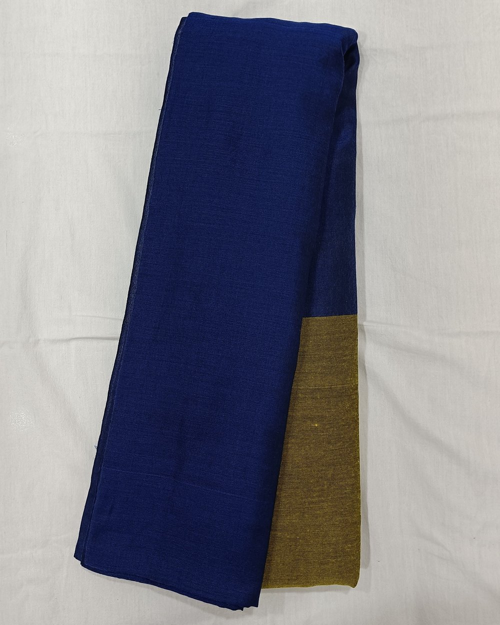 Blue Plain Khadi Saree With Contrasting Plain Mustard Pallu