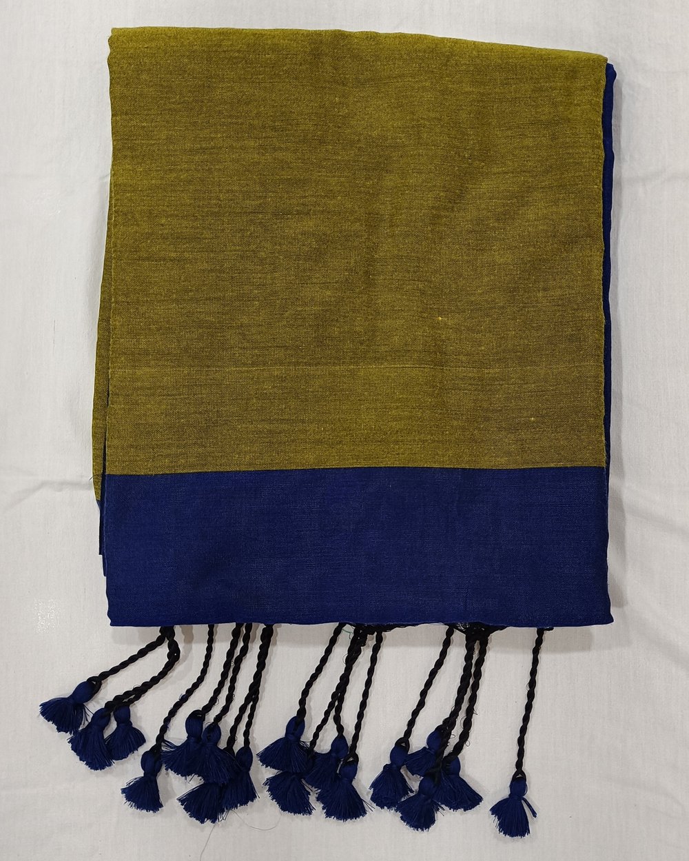 Blue Plain Khadi Saree With Contrasting Plain Mustard Pallu