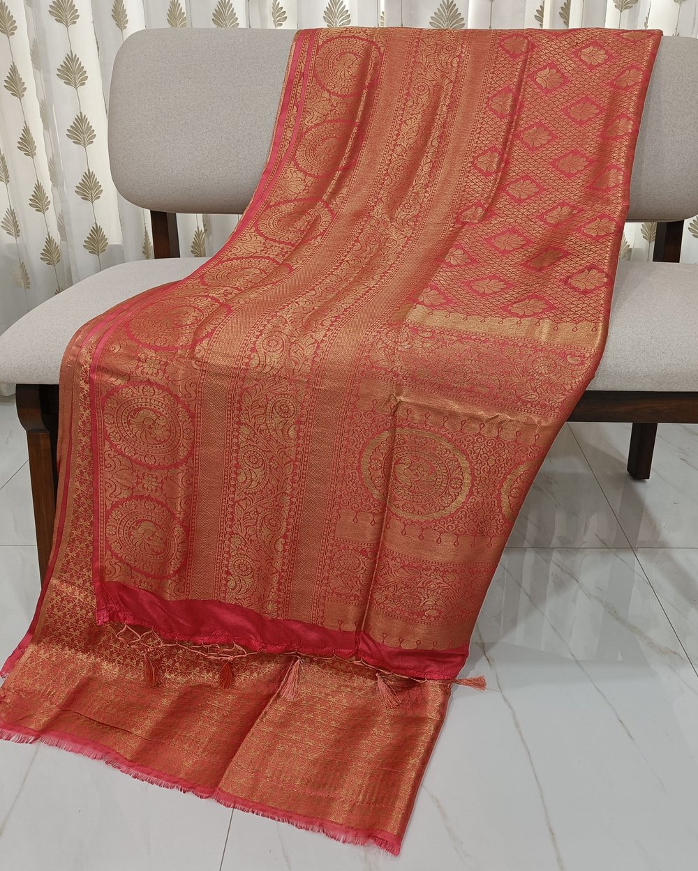 Bright Pink Color Mulberry Soft Silk With Golden Zari Weaving 