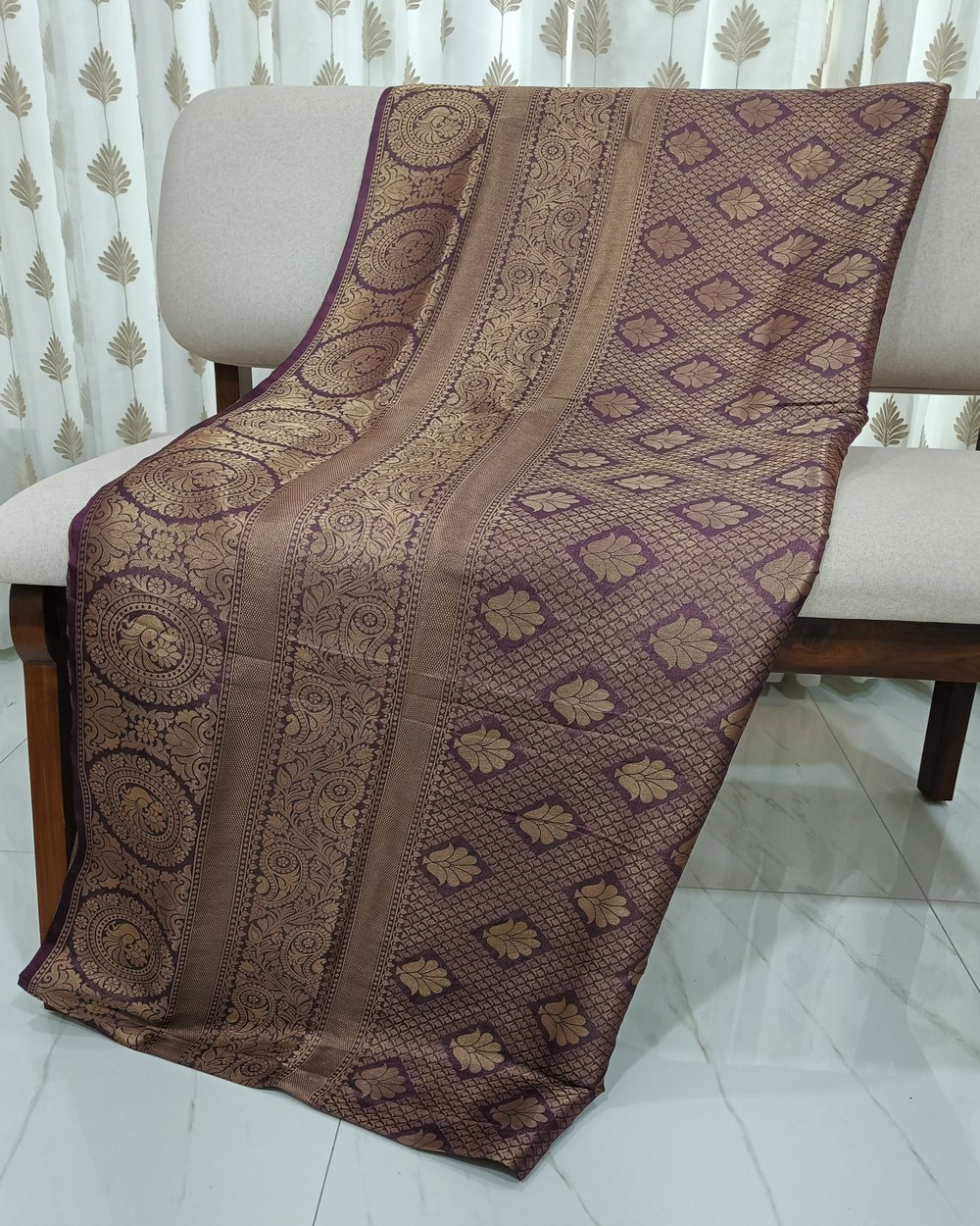 Purple Color Mulberry Soft Silk With Golden Zari Weaving