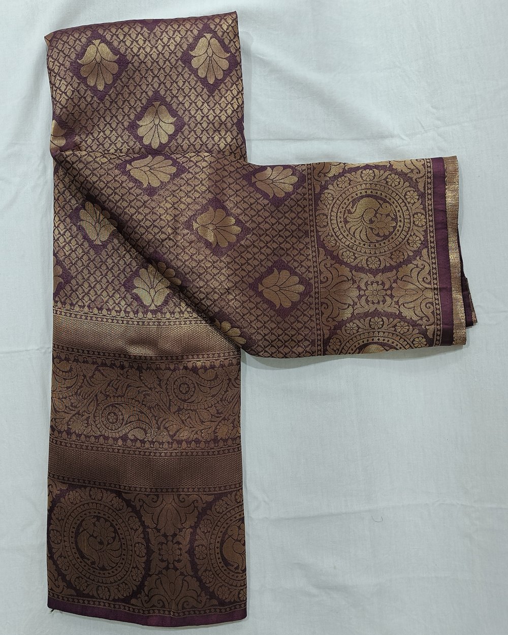 Purple Color Mulberry Soft Silk With Golden Zari Weaving 