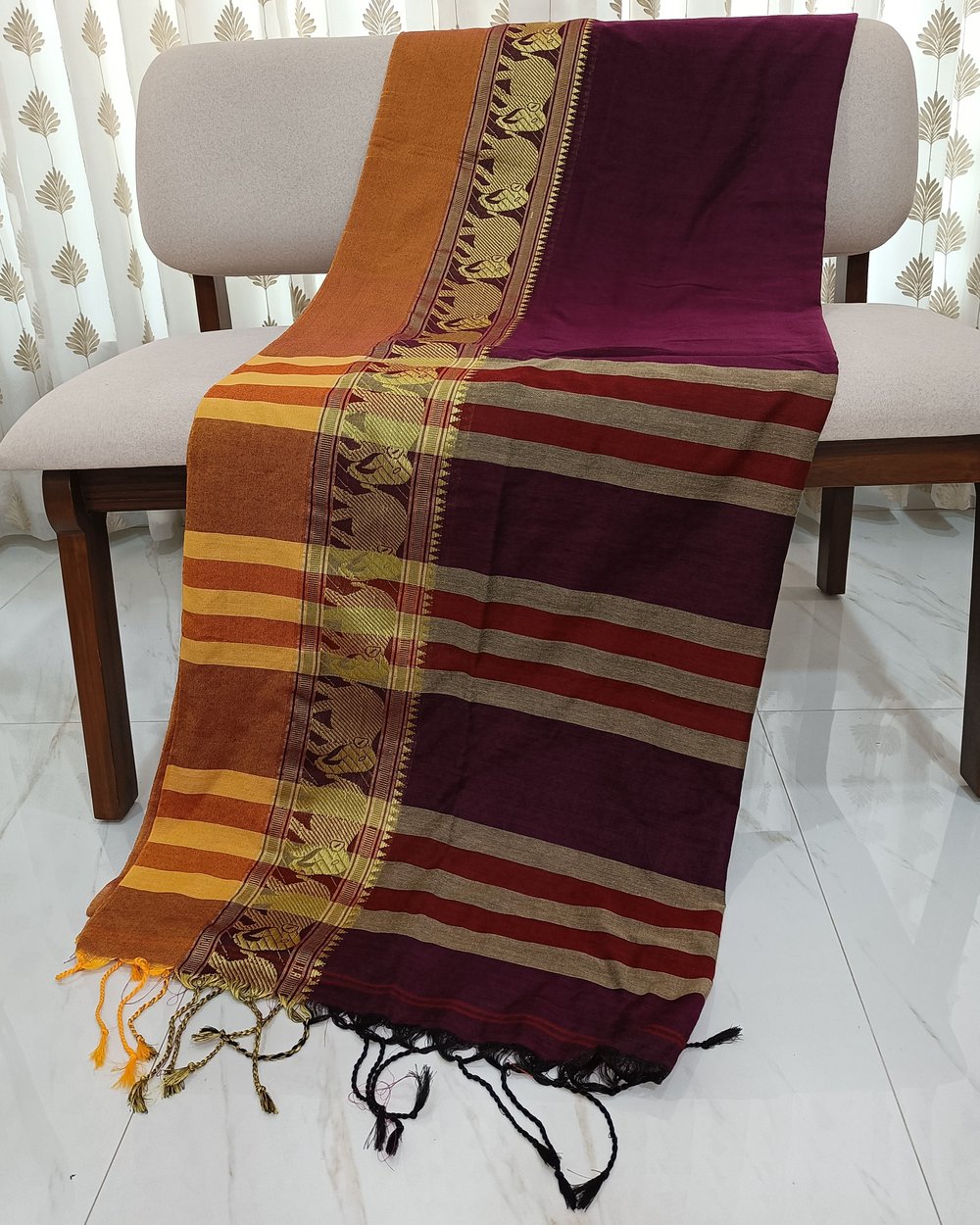 Wine Color Khadi Saree With Golden Zari Elephant Motif Embroidery