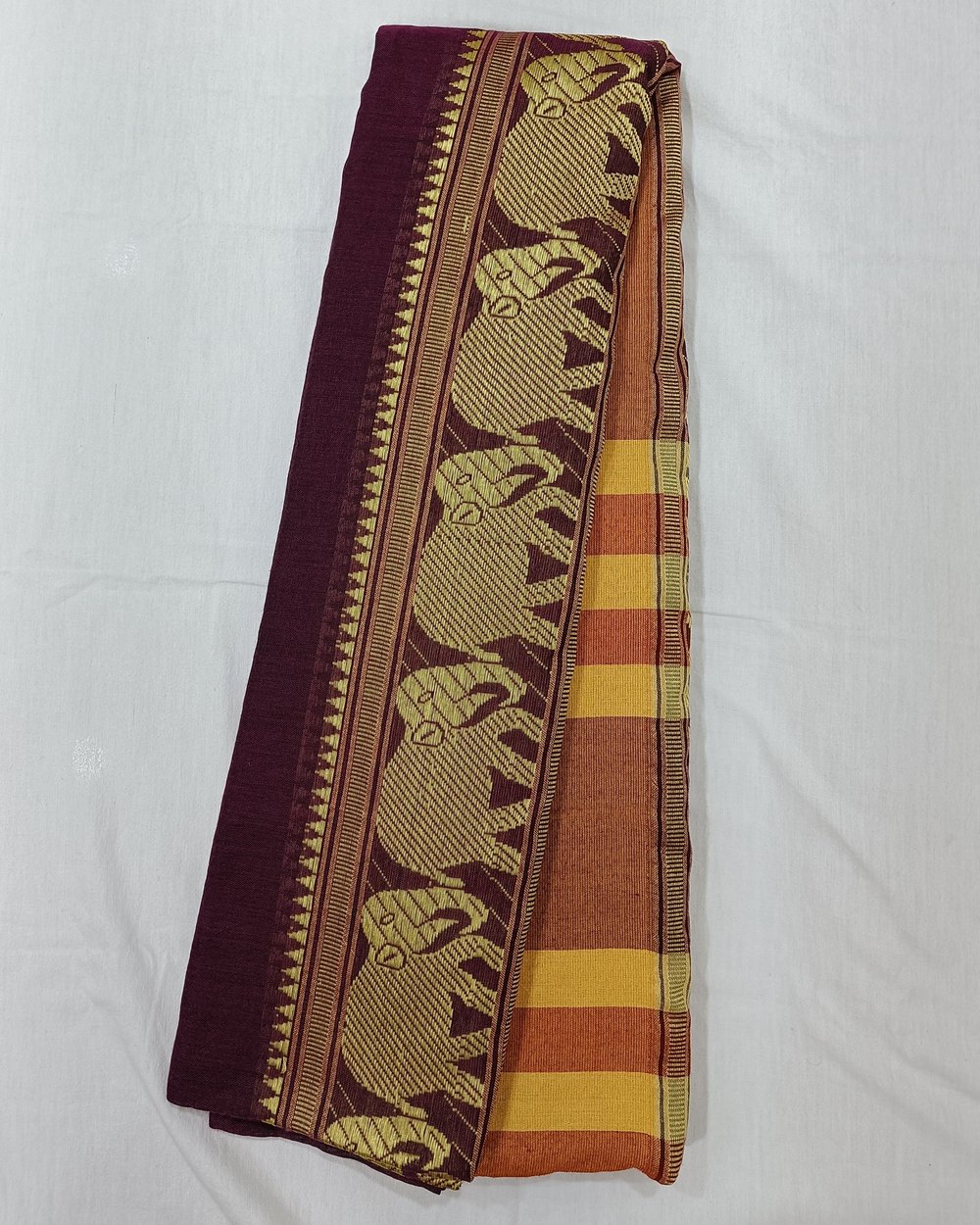 Wine Color Khadi Saree With Golden Zari Elephant Motif Embroidery