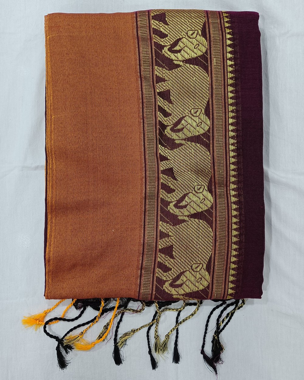 Wine Color Khadi Saree With Golden Zari Elephant Motif Embroidery