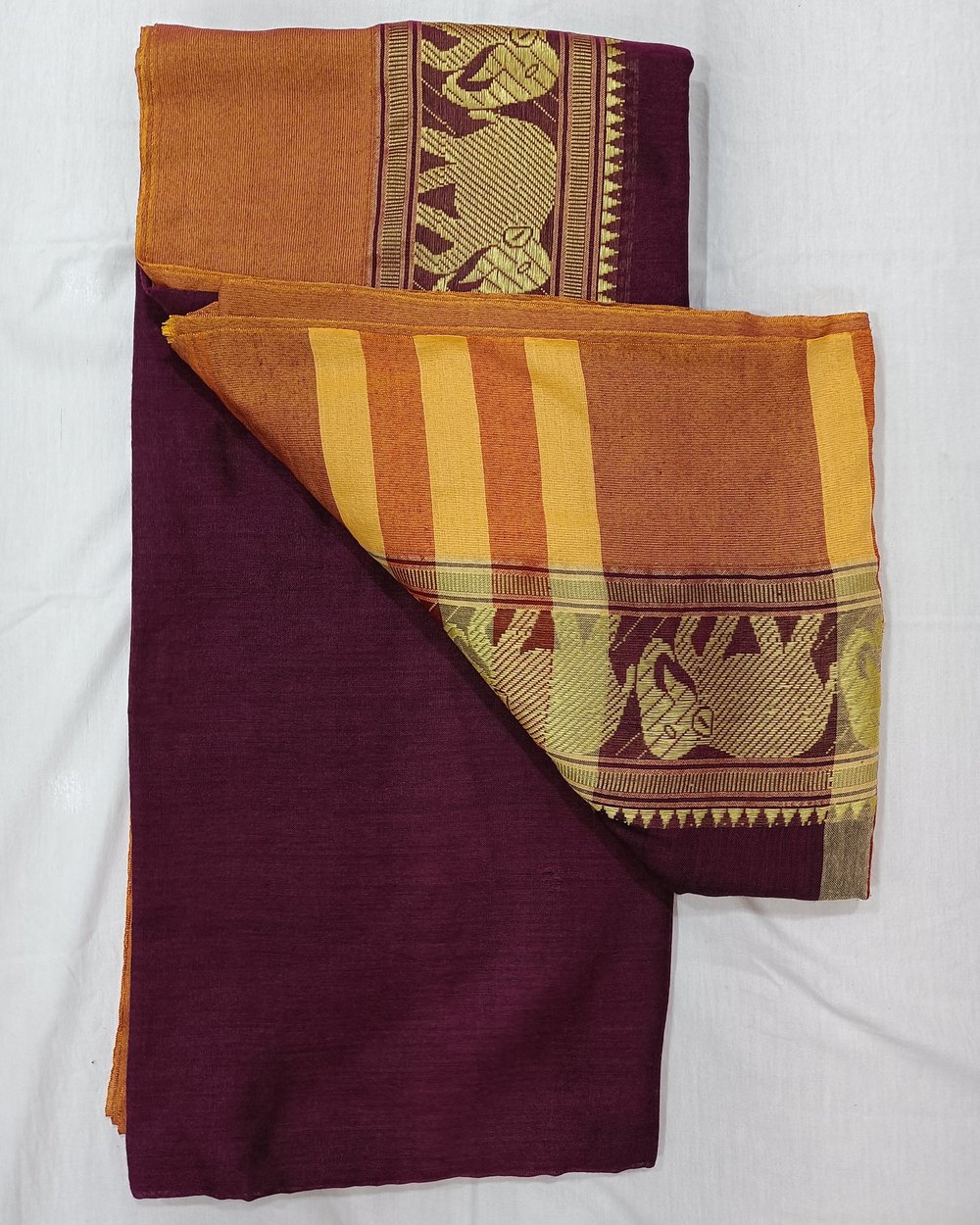 Wine Color Khadi Saree With Golden Zari Elephant Motif Embroidery