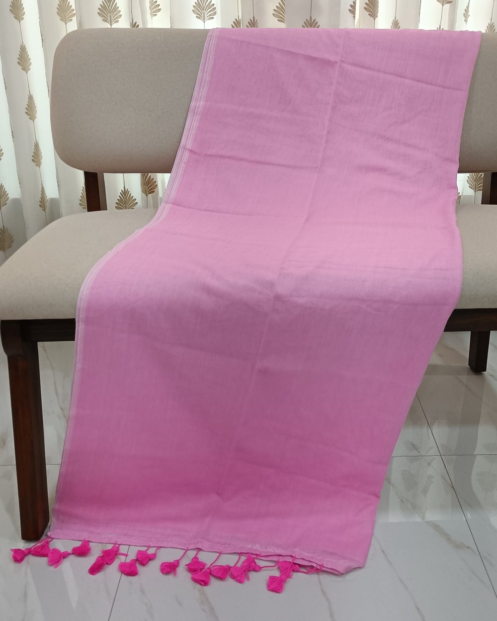 Baby Pink Mulmul Saree WIth Bright Pink Tassels