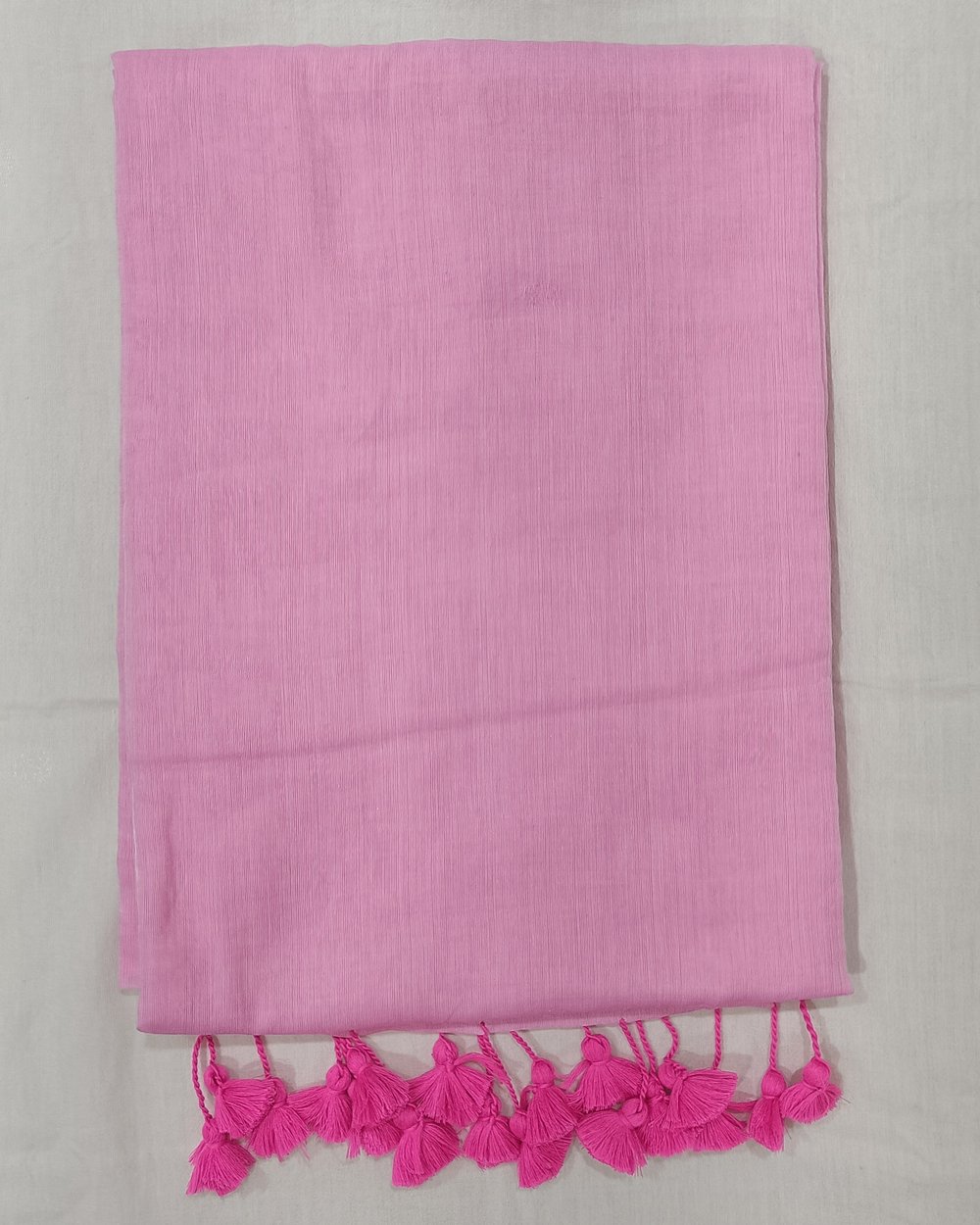 Baby Pink Mulmul Saree WIth Bright Pink Tassels