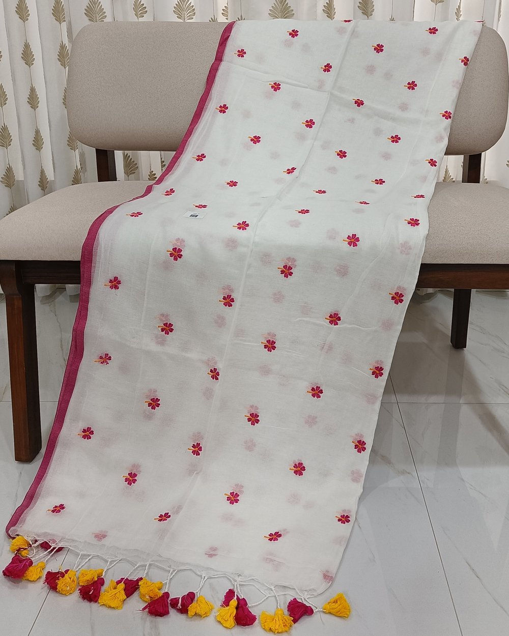 White Mulmul Saree with Parijat Flowers Embroidery