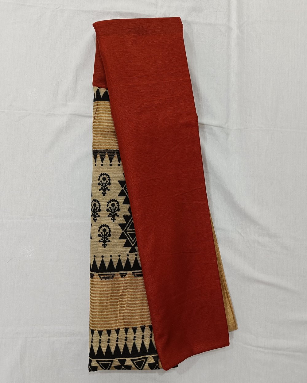 Bapta Silk Handblock Printed Saree In Brick Red with Cream To Contrast