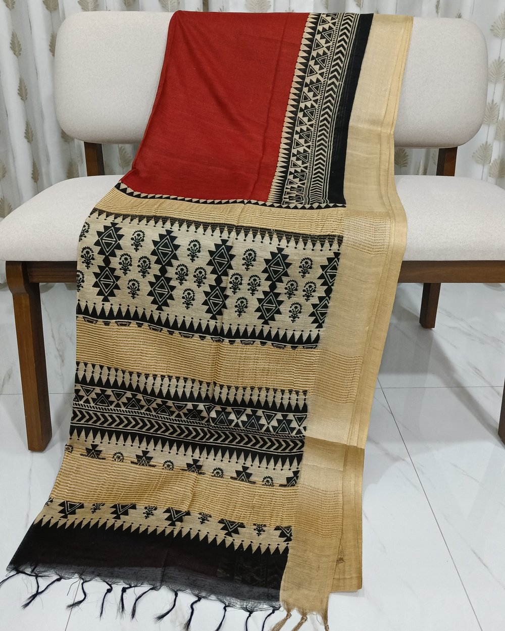 Bapta Silk Handblock Printed Saree In Brick Red with Cream To Contrast