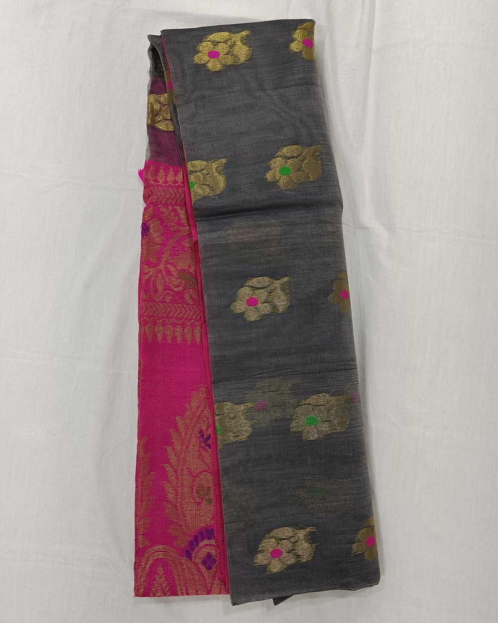 Grey Transparent Resham Saree And Pink Pallu With Banarasi Threadwork In Golden Zari 