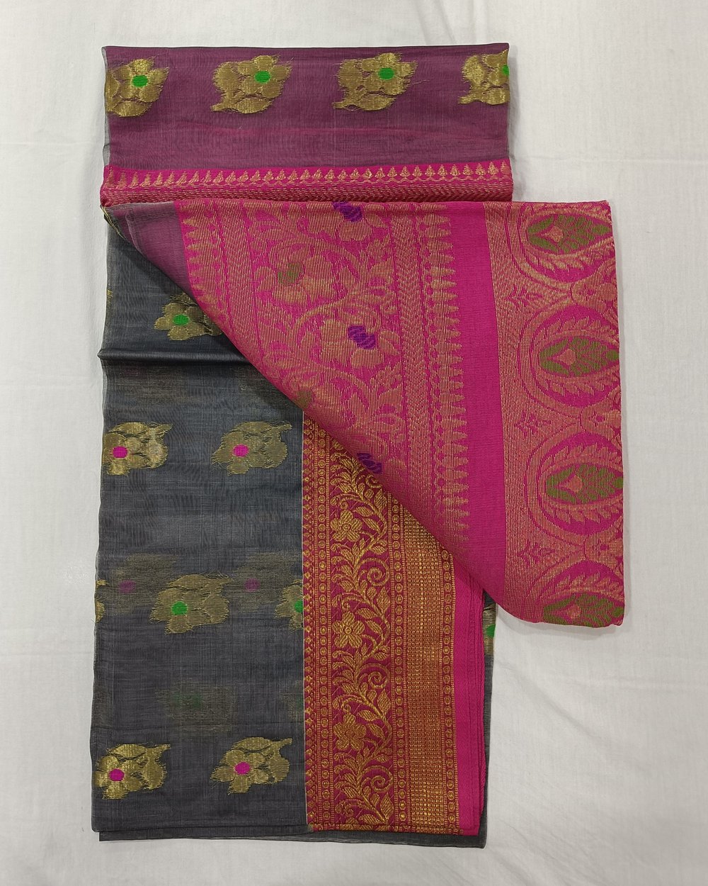Grey Transparent Resham Saree And Pink Pallu With Banarasi Threadwork In Golden Zari 