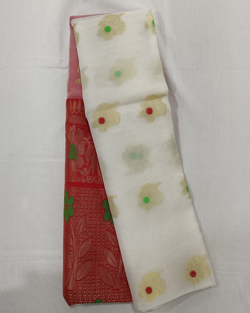 White Resham Saree And Pink Pallu With Banarasi Threadwork In Golden Zari 