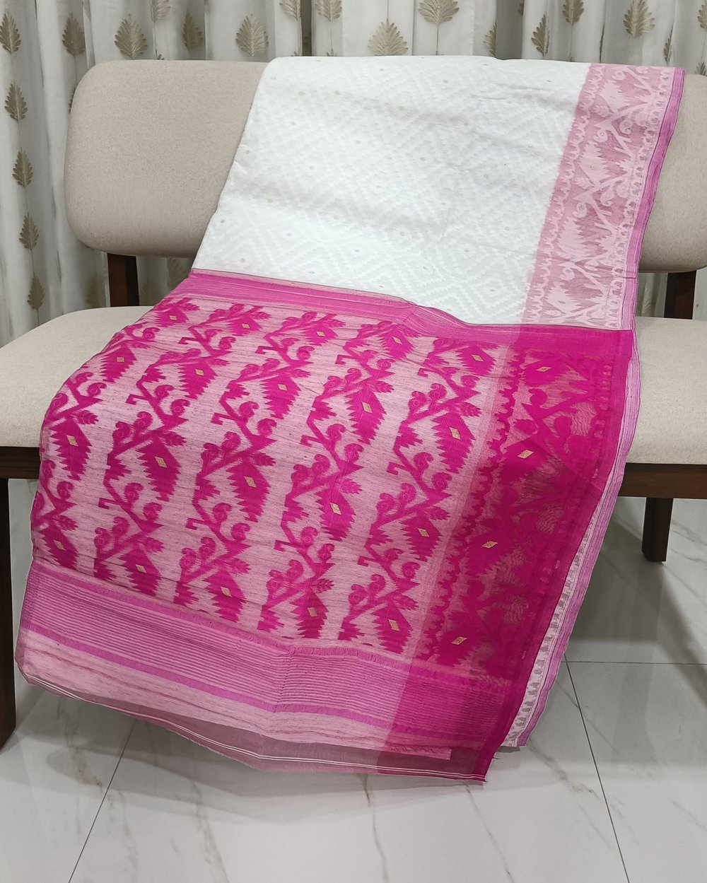White Color Hard Jamdani With Bright Pink Jaal Work On Pallu