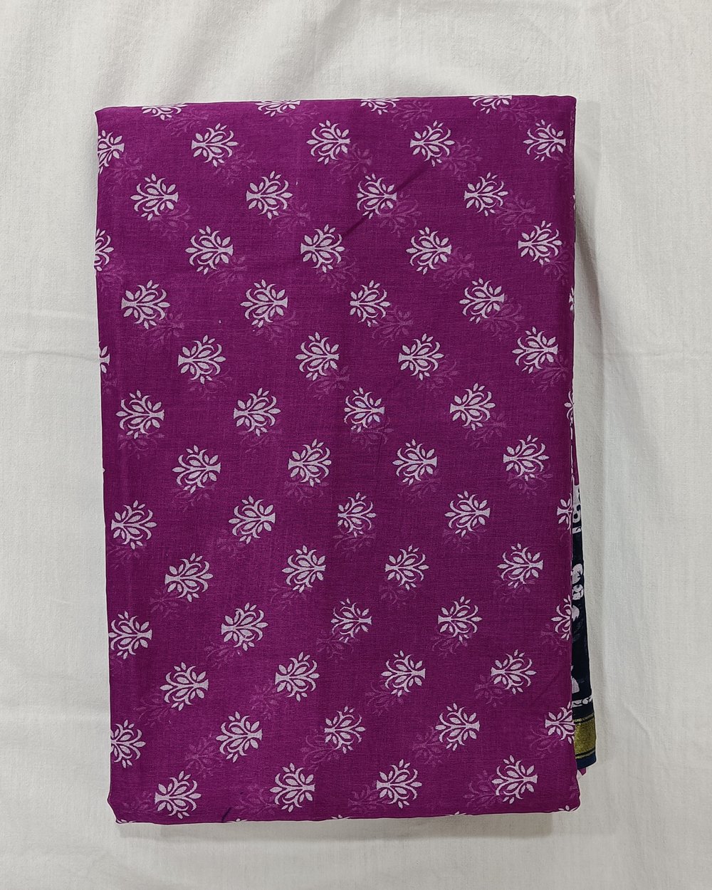 Purple Color Cotton Chanderi Saree With White Floral Design And Black Pallu