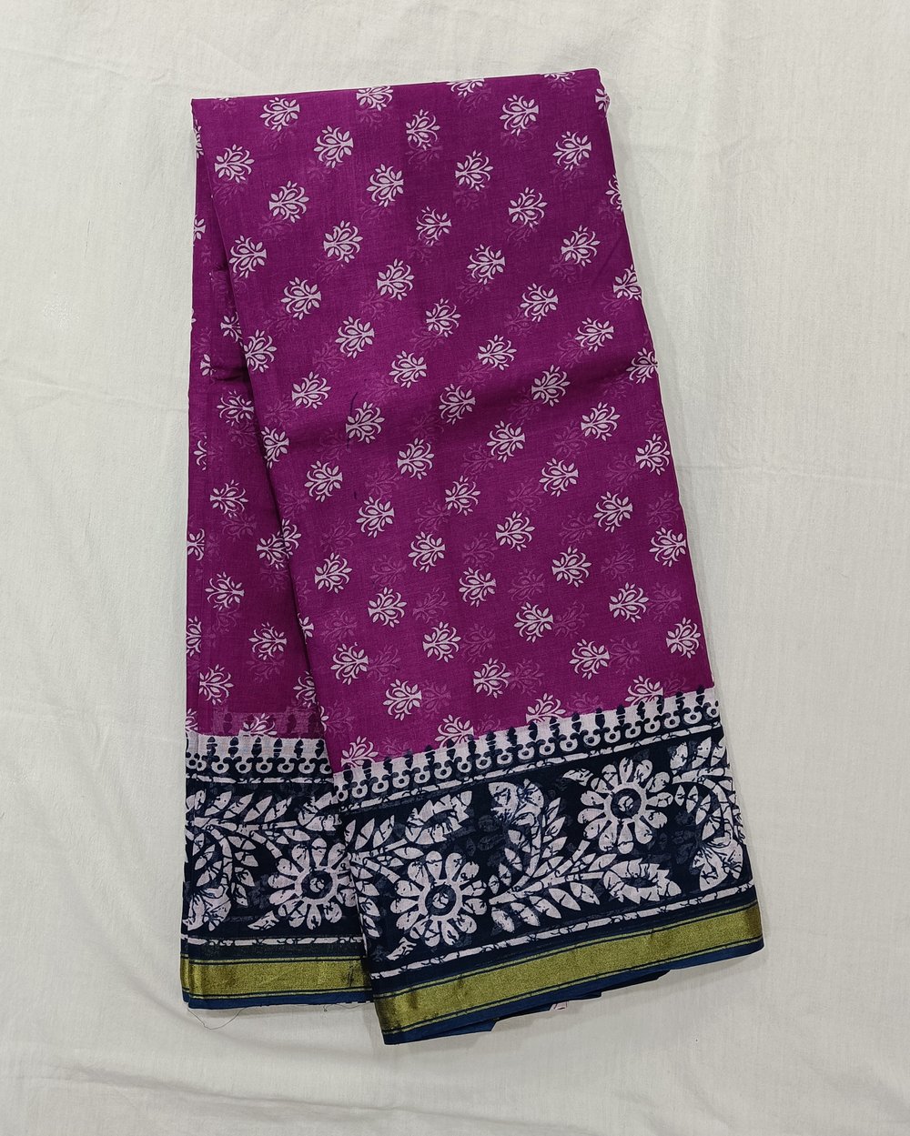 Purple Color Cotton Chanderi Saree With White Floral Design And Black Pallu