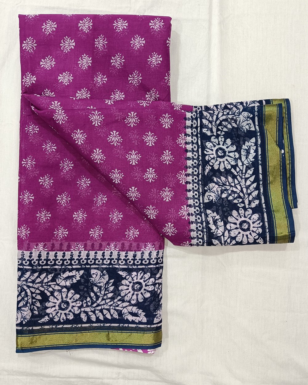 Purple Color Cotton Chanderi Saree With White Floral Design And Black Pallu