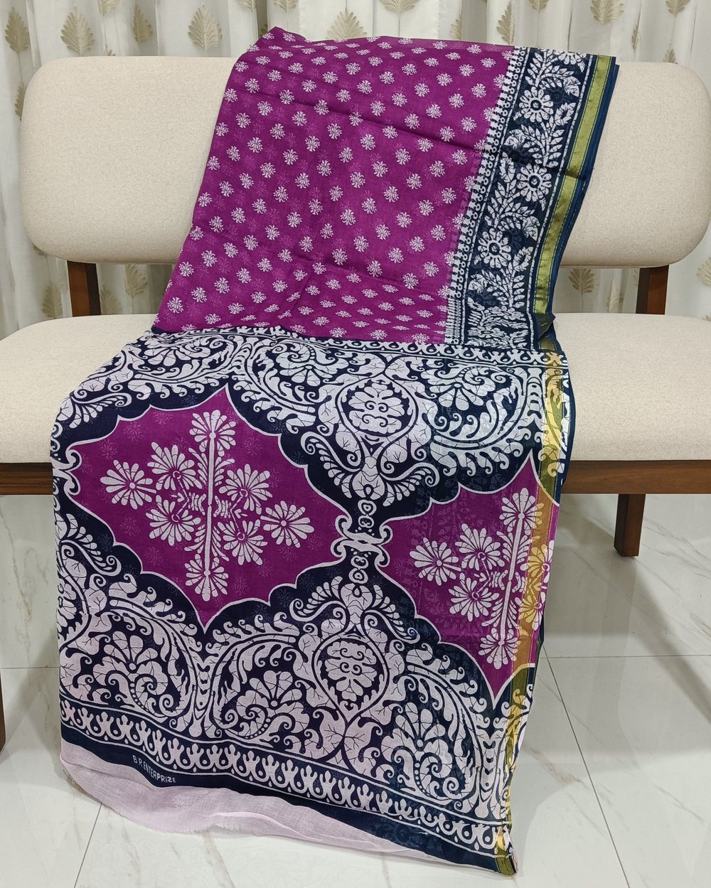 Purple Color Cotton Chanderi Saree With White Floral Design And Black Pallu