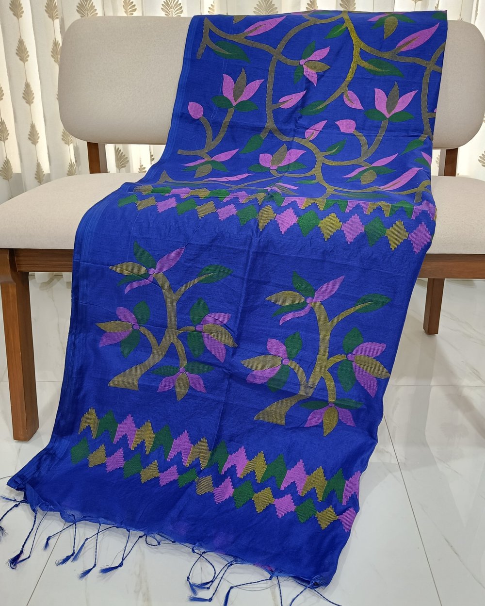 Blue Color Cotton Blended Saree With Multi-color Floral Print