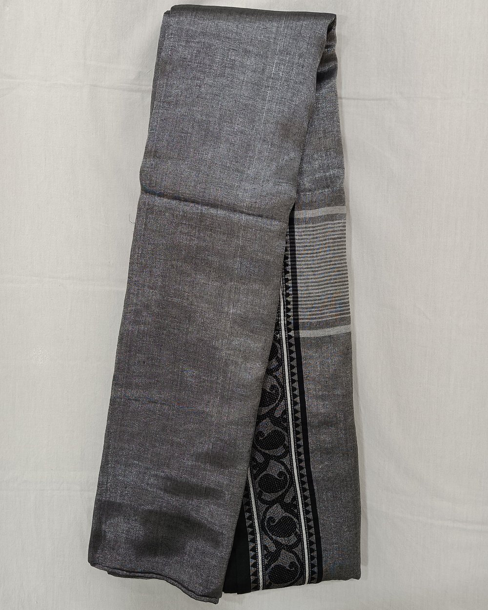 Grey Color Tissue Saree With Small Black and Silver Weaved Border