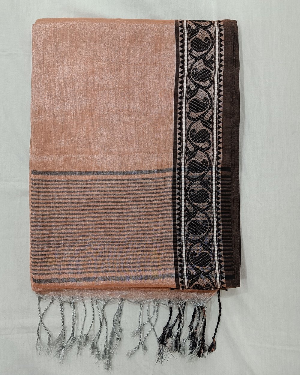 Peach Color Tissue Saree With Small Weaved Border