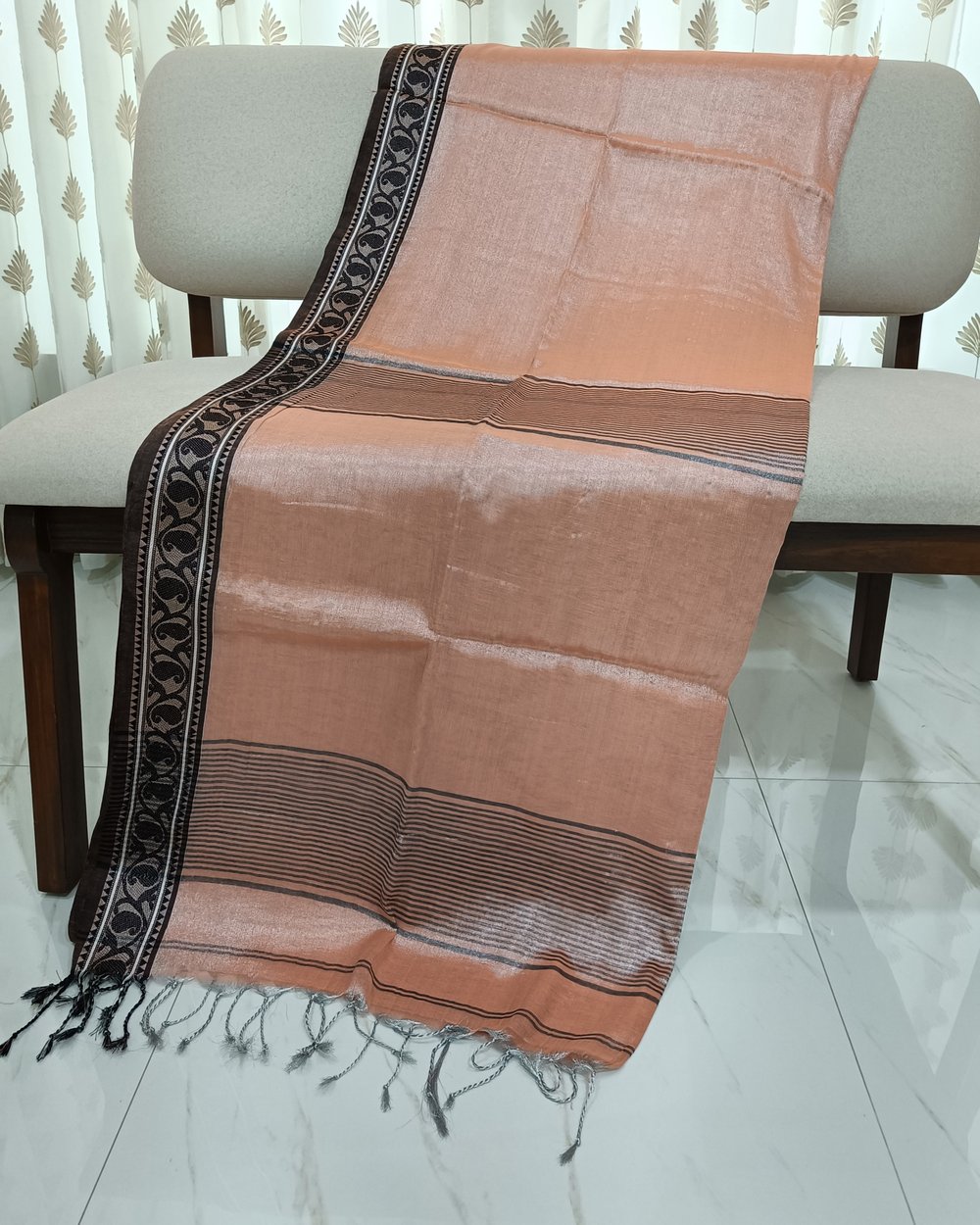 Peach Color Tissue Saree With Small Weaved Border