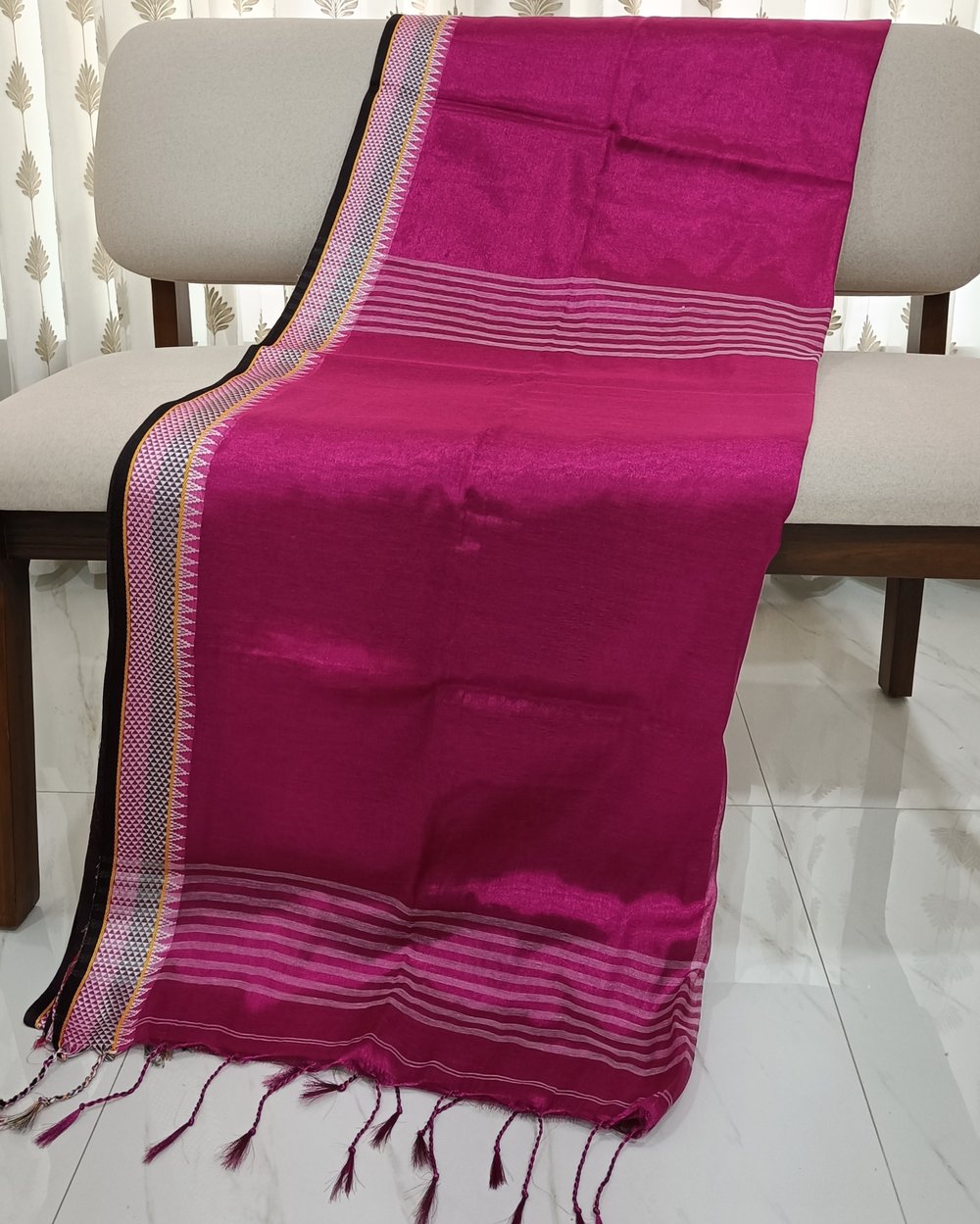 Rani Pink Color Tissue Saree With Multi-Color Weaving Along The Border