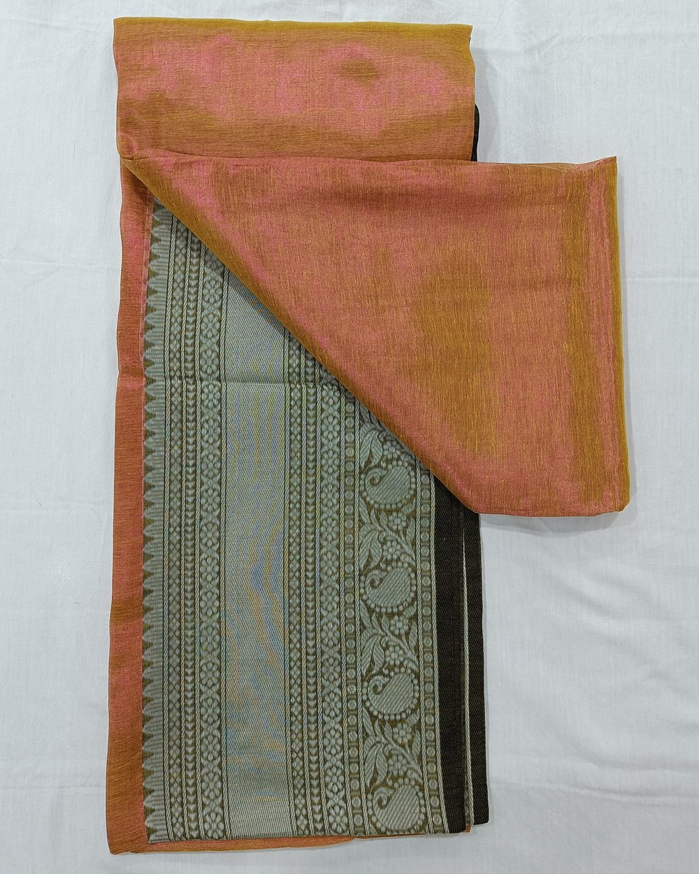 Mustard and Pink Dual Tone Tissue Saree With Weaved Border In Black and White