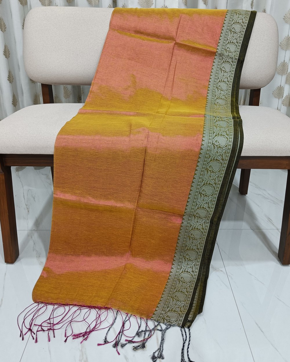 Mustard and Pink Dual Tone Tissue Saree With Weaved Border In Black and White
