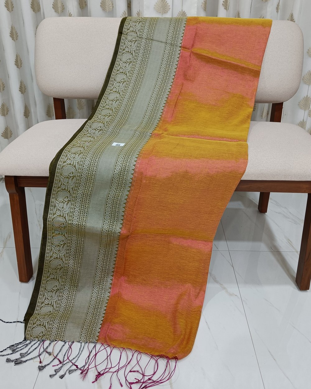 Mustard and Pink Dual Tone Tissue Saree With Weaved Border In Black and White