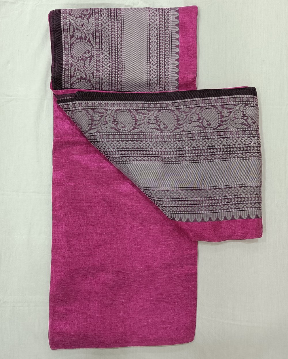 Pink Dual Tone Tissue Saree With Big Weaved Border In Black and White