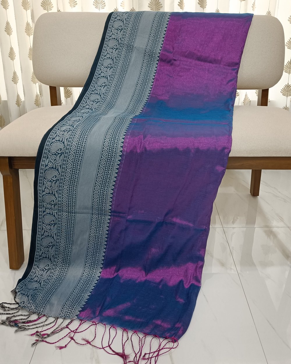 Purple Dual Tone Tissue Saree With Big Weaved Border In Black and White
