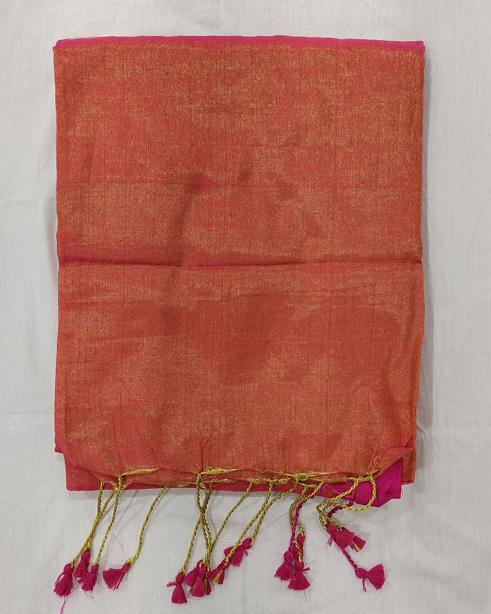 Pinkish Golden Cotton Tissue Saree With Tassles At Pallu