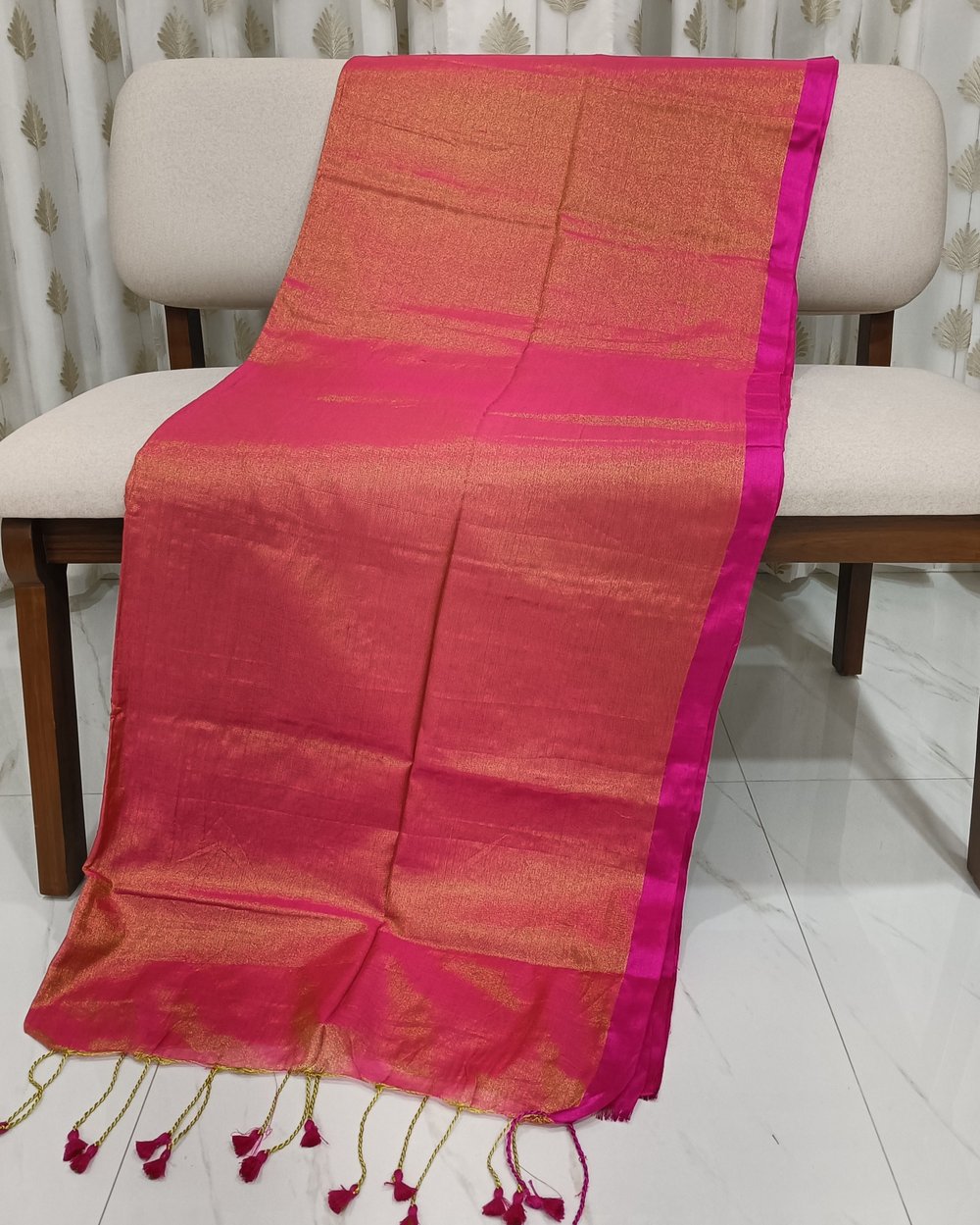 Pinkish Golden Cotton Tissue Saree With Tassles At Pallu