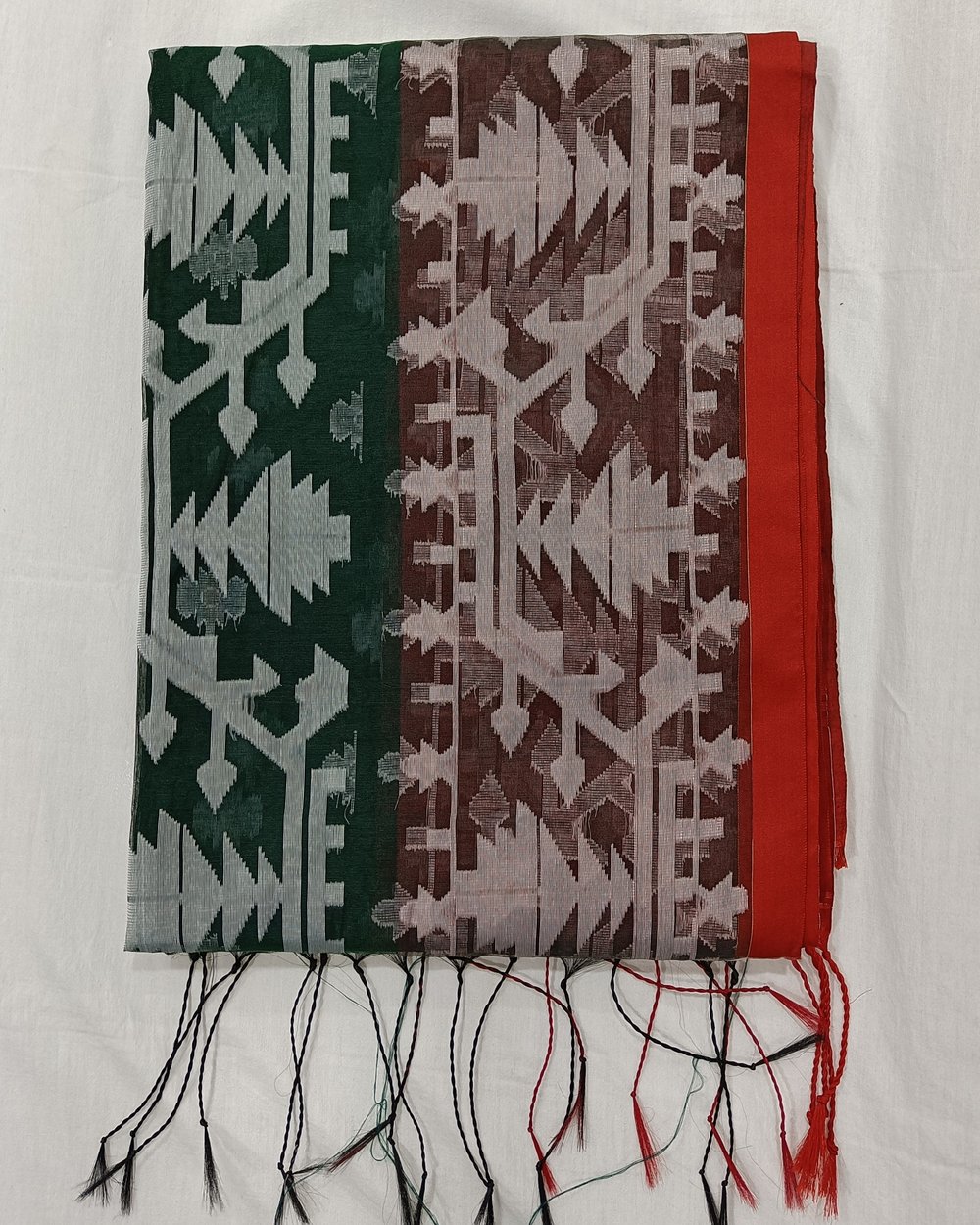 Bottle Green and Red Transparent Muslin Saree 