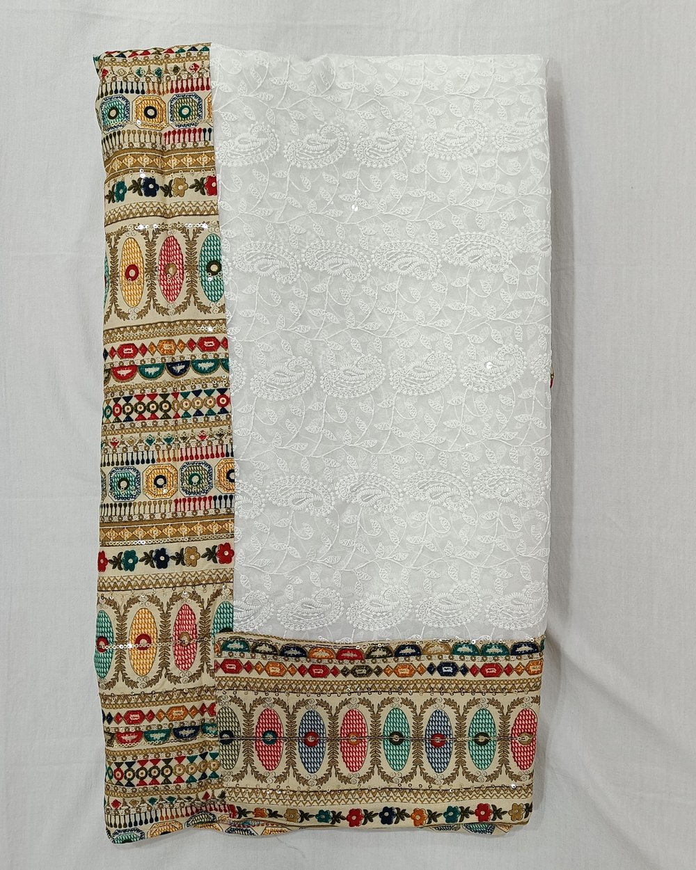 White Chickankari Weaved Saree With Multi-color Patola Type Pallu