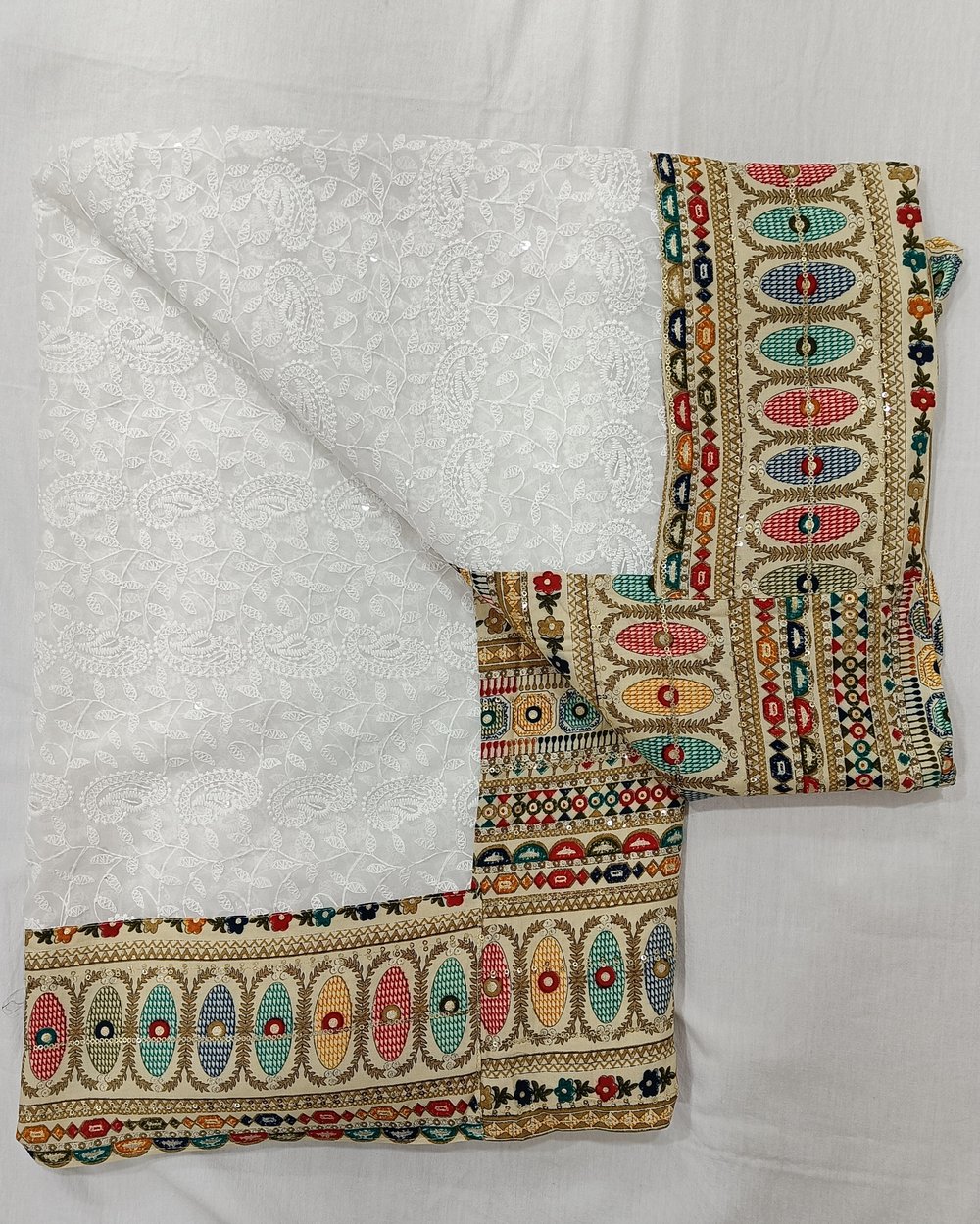 White Chickankari Weaved Saree With Multi-color Patola Type Pallu